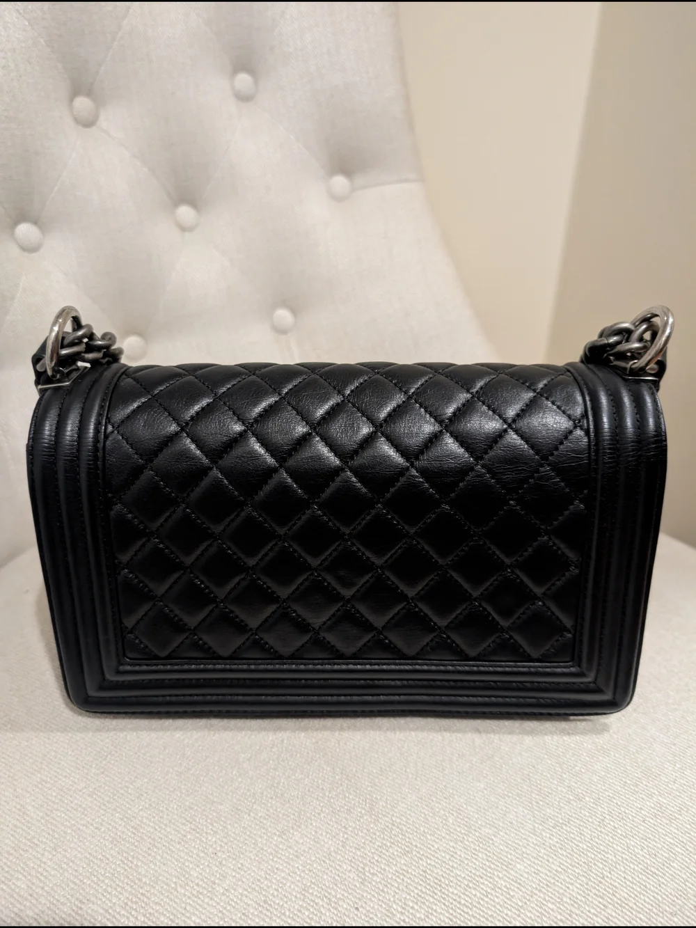 Chanel Black Quilted Leather Boy Bag with Chain Strap